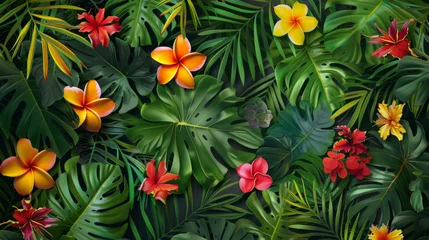 Selbstklebende Fototapeten Tropical green leaves, exotic plants, and colorful flowers create a lush botanical backdrop. Perfect for cards, invitations, or any project needing a touch of the tropics. © Rabil