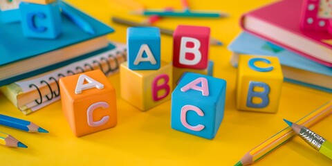 Close-up of colorful "A B C" blocks with books and pencils on yellow background. Studio photography.