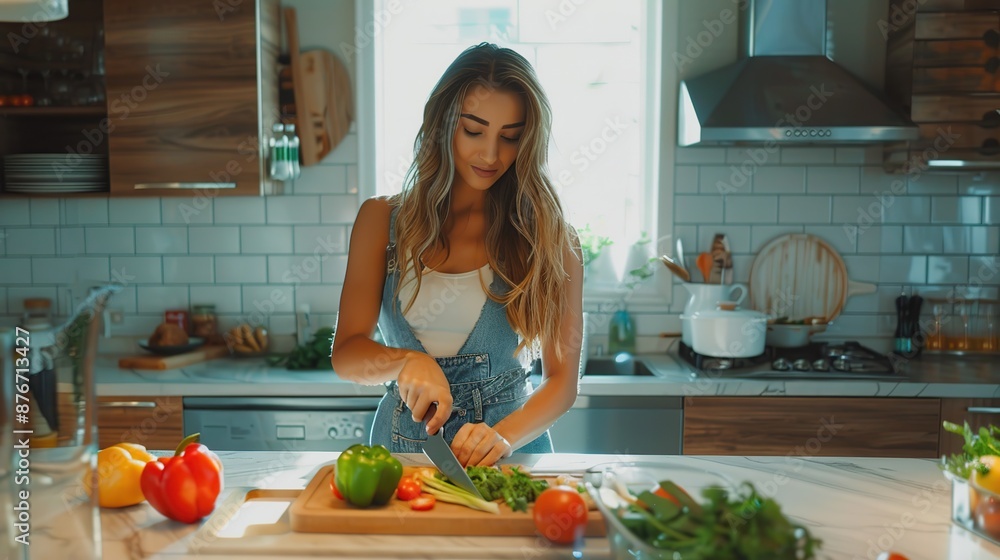 Wall mural Beautiful woman is cutting vegetables in the modern kitchen. Image of woman cooking at kitchen.