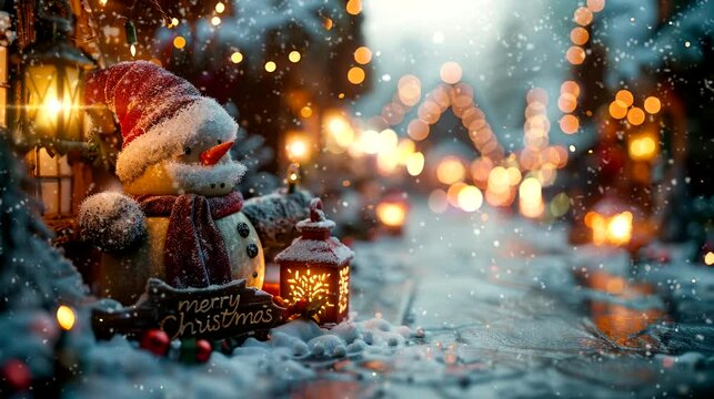 A decorative border of Christmas lights with two snowman and lanterns decorations. Seamless looping time-lapse virtual 4k video animation background