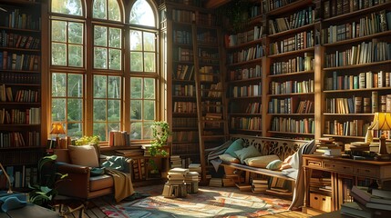 A library corner with shelves full of books and cozy reading nooks