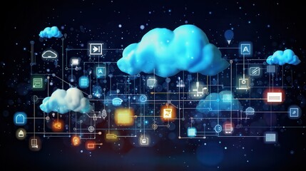 Digital cloud with data icons raining down, suitable for cloud computing services or online data storage solutions