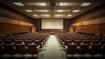 Empty lecture hall at a university, with rows of seats and a large projection screen, ready for students