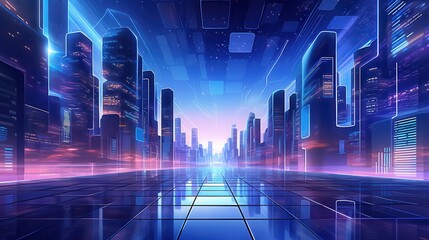 Futuristic cityscape with holographic elements, suitable for tech startup pitches or digital marketing materials