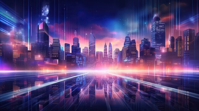 Futuristic cityscape with holographic elements, suitable for tech startup pitches or digital marketing materials