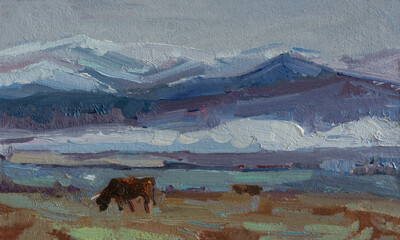 Cow grazing oil painting. Horizontal summer art banner. The illustration is completely hand-painted. An oil sketch. Modern painting. Layout for website design, printing. Rural life, farming concept