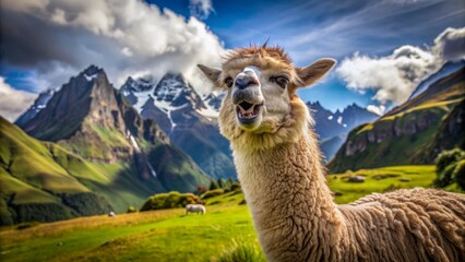 Fluffy Llama Grazes In The Lush Green Fields Of The Andes Mountains In South America