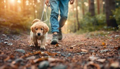 Golden Retriever Puppy Hiking on a Forest Trail with Owner, Exploring Nature Together Adorable Dog on an Adventurous Route