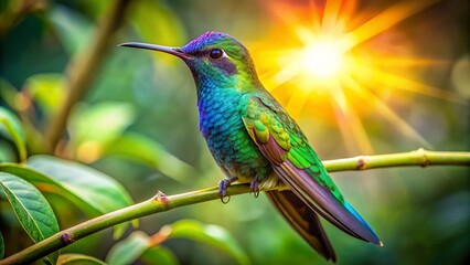 Fototapeta premium A Stunning Close-Up Of A Hummingbird Perched On A Branch, With The Sun Shining Brightly Behind It.
