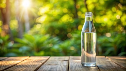 Refreshing Water In A Glass Bottle Placed On A Wooden Table Against A Blurred Background Of Green Foliage And Sunlight.
