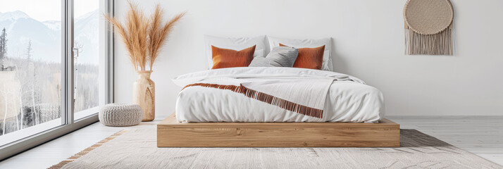 Bedroom interiors in neutral colors with a bed next to a large window filling the room with lighting. Relaxing Real Estate interiors design composition.