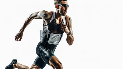 Dynamic pose of a triathlete running with determination wearing number bib