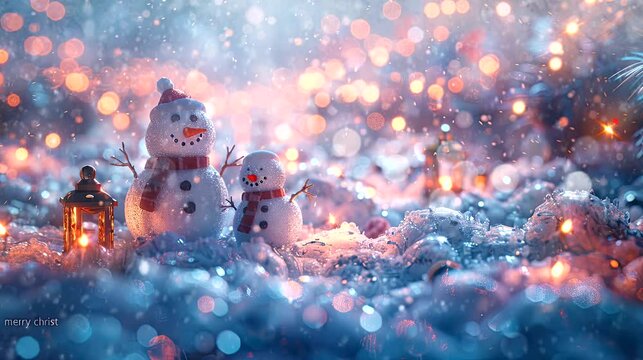 A decorative border of Christmas lights with two snowman and lanterns decorations. Seamless looping time-lapse virtual 4k video animation background