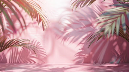 Naklejka premium Pink wall with blurred shadows from palm leaves. Perfect for displaying products in the spring, summer, or year-round.