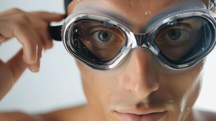 Triathlete adjusting goggles focused and ready for the swim
