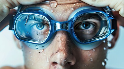 Triathlete adjusting goggles focused and ready for the swim
