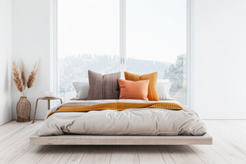 Bedroom interiors in neutral colors with a bed next to a large window filling the room with lighting. Relaxing Real Estate interiors design composition.