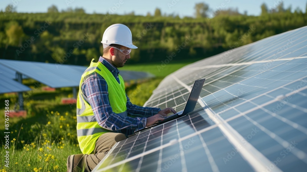 Poster skilled engineer working and analyze data by using laptop at solar cell. professional technician and