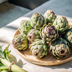 Obraz premium Artichokes close up in plate on brown wooden table in kitchen background.