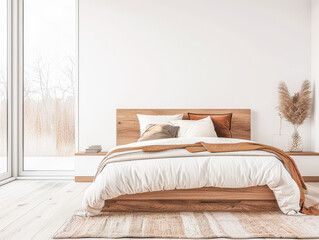 Bedroom interiors in neutral colors with a bed next to a large window filling the room with lighting. Relaxing Real Estate interiors design composition.