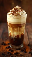 Iced coffee with whipped cream and cinnamon