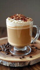 A cup of coffee with whipped cream and chocolate powder on top.