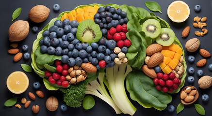A vibrant, abstract image featuring various brain-boosting foods like blueberries, nuts, and leafy greens, arranged to form a brain shape.

