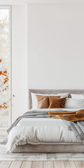 Bedroom interiors in neutral colors with a bed next to a large window filling the room with lighting. Relaxing Real Estate interiors design composition.