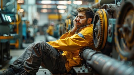 Exhausted factory worker taking a break, sitting against machinery in a dimly lit industrial setting.