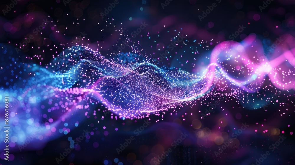 Poster abstract background with purple and blue particles forming a dynamic sound wave pattern