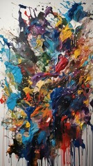 A chaotic yet harmonious mix of paint splatters and drips, each color pooling and blending into the next, creating a sense of controlled chaos on the textured canvas surface, Artwork, mixed media 