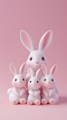 Obraz premium 3D render of Easter bunny family gathering on a pastel pink background, clean background, no copyrighted logo, no letters, no peaple