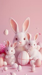 Obraz premium 3D render of Easter bunny family gathering on a pastel pink background, clean background, no copyrighted logo, no letters, no peaple