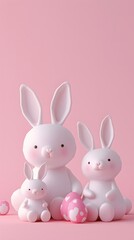 Obraz premium 3D render of Easter bunny family gathering on a pastel pink background, clean background, no copyrighted logo, no letters, no peaple