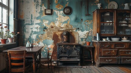 Background: Rusty metal equipment and weathered plumbing pipes create a vintage, grunge atmosphere in the old kitchen, adding a rustic charm to the home's interior.