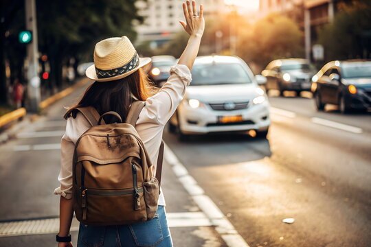 Travel woman hitchhiking in the city 