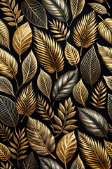 Gold Leaves pattern print background watercolor style 3D illustration. Modern abstract art gold black colors. wallpaper.Floral card. Poster. 