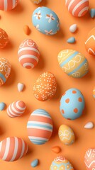 Fototapeta premium 3D render of Hand-drawn Easter eggs on a pastel orange background, clean background, no copyrighted logo, no letters, no peaple