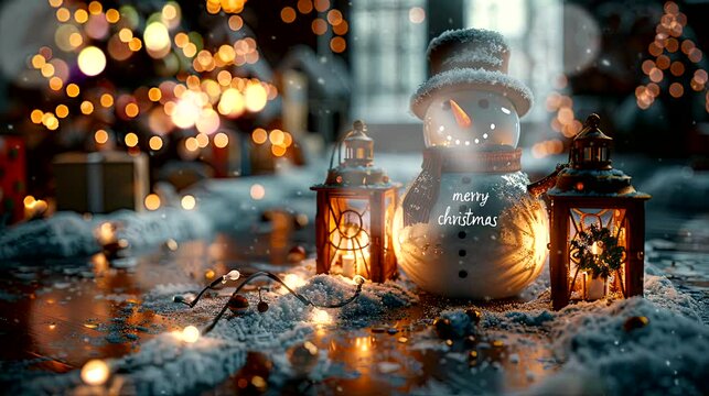 A decorative border of Christmas lights with two snowman and lanterns decorations. Seamless looping time-lapse virtual 4k video animation background
