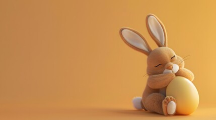 Obraz premium 3D render of Easter bunny hugging an egg on a pastel orange background, clean background, no copyrighted logo, no letters, no peaple