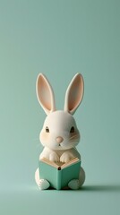 Obraz premium 3D render of Easter bunny reading a book on a pastel green background, clean background, no copyrighted logo, no letters, no peaple