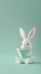 Obraz premium 3D render of Easter bunny reading a book on a pastel green background, clean background, no copyrighted logo, no letters, no peaple