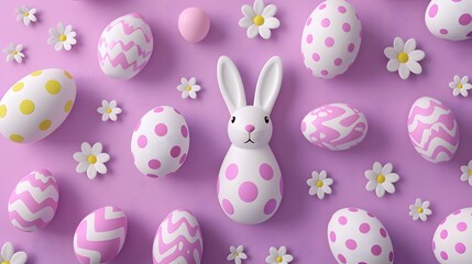Obraz premium 3D render of Easter-themed pattern with eggs and bunnies on a pastel purple background, clean background, no copyrighted logo, no letters, no peaple