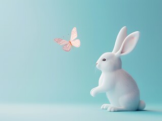 3D render of Bunny and butterfly on a pastel blue background, clean background, no copyrighted logo, no letters, no peaple