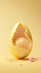 3D render of Easter egg with a surprise inside on a pastel yellow background, clean background, no copyrighted logo, no letters, no peaple