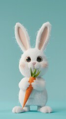 Obraz premium 3D render of Easter bunny with a carrot on a pastel blue background, clean background, no copyrighted logo, no letters, no peaple