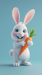 Obraz premium 3D render of Easter bunny with a carrot on a pastel blue background, clean background, no copyrighted logo, no letters, no peaple