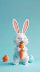 Obraz premium 3D render of Easter bunny with a carrot on a pastel blue background, clean background, no copyrighted logo, no letters, no peaple