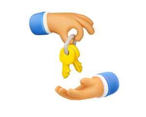 Bunch of keys handover icon. Mortgage or apartment rent concept. Cartoon vector 3d character hand giving yellow door key.