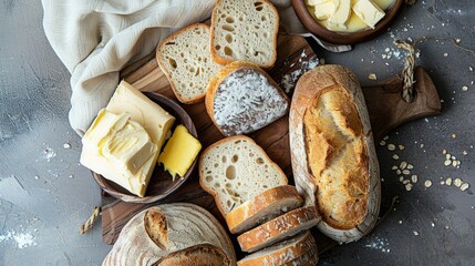 Top view of a rustic breadboard with various types of bread and butter